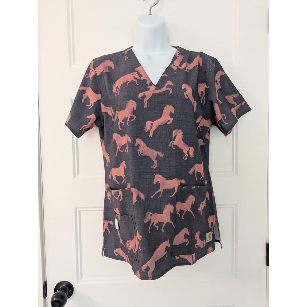 Carhartt Women Scrub Top Small Gray Pink Horse Print V-Neck Modern Fit C12114